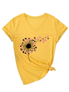 T-shirt jaune col en V avec imprimé pissenlit cœur et détail de nœud à l'ourlet