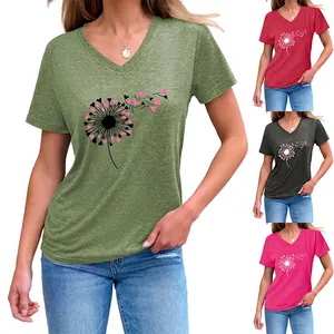 T-Shirt À Manches Courtes Col En V Femme Imprimé Cœur Pissenlit Décontracté Haut D'Été Mélange De Coton