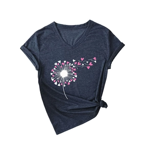 T-shirt col V pour femme avec imprimé pissenlit cœur et nœud latéral en bleu foncé