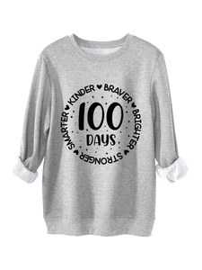 Detail of grey crewneck sweatshirt showing soft fleece lining and 100 days graphic print