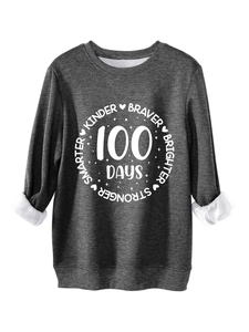 Detail of grey crewneck sweatshirt with 100 Days print and ribbed texture cuffs