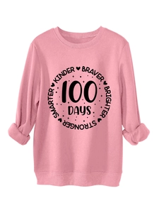 Close-up of pink crewneck sweatshirt featuring 100 days smarter kinder printed design