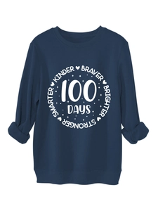 Macro detail of navy blue sweatshirt showing white 100 Days print and ribbed cuffs