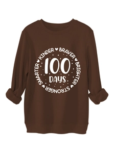 Detail of ribbed cuffs and 100 Days smarter kinder braver print on brown sweatshirt