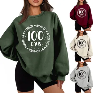 Sweatshirt Women Round Neck Oversized Fleece Lined Cotton Blend 100 Days Smarter Kinder Braver Print Streetwear