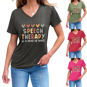 Detail showing V-neck T-shirts with heart patterns and Speech Therapy text in four colors
