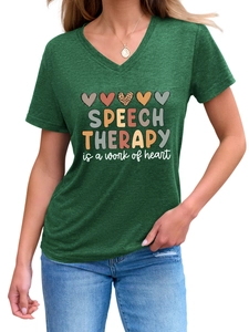 Close-up of V-neck dark green heathered tee with Speech Therapy heart graphic
