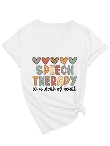 Detail of V-neck white T-shirt featuring colorful hearts and Speech Therapy heart print