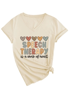 Detail of V-neck cotton T-shirt featuring Speech Therapy heart print and knot hem design
