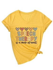 Detail of V-neck short sleeve tee with colorful heart print and decorative waist knot