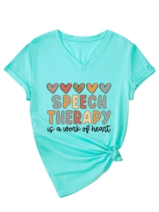 Detail view of V-neck t-shirt knot hem and heart graphic with speech therapy slogan
