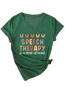 Detail of V-neck dark green t-shirt with heart graphics and Speech Therapy text