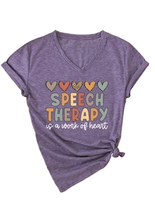 Detail of V-neck T-shirt with heart graphic and side knot design in heather purple