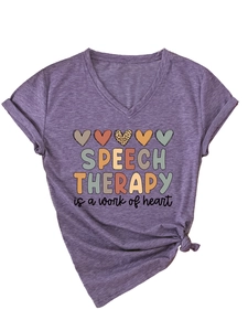Detail of V-neck speech therapy t-shirt in purple with a knotted hem and heart graphics