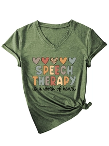 Detail of army green V-neck T-shirt with heart graphic and speech therapy slogan