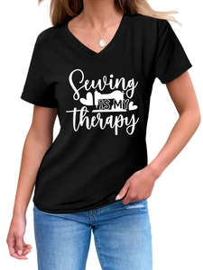 Detail of Sewing Is My Therapy black V-neck t-shirt with sewing machine print