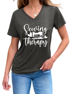 Detailed shot of Sewing Is My Therapy print on grey V-neck short sleeve casual T-shirt