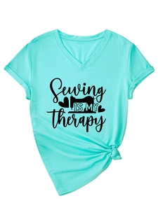 V-neck mint green T-shirt with Sewing is My Therapy text and stylish front knot detail