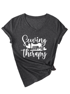 Detail of grey heather V-neck t-shirt with Sewing Is My Therapy print and side knot
