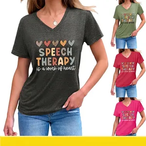 Women V-Neck Short Sleeve T-Shirt Cotton Blend Speech Therapy Heart Print Casual Loose Top Side Knot Fashion