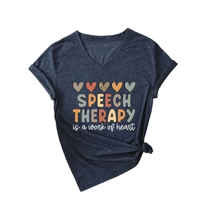 Dark grey V-neck T-shirt with heart graphic and speech therapy slogan tied at the hem