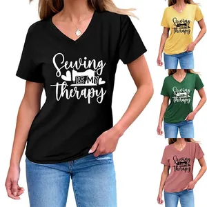 Sewing Is My Therapy V-Neck Short Sleeve T-Shirt Women Cotton Blend Loose Graphic Print Casual Chic Summer Tee Top