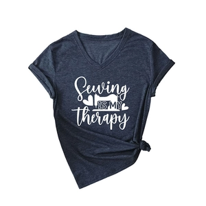 Navy blue V-neck T-shirt with Sewing is My Therapy print and stylish side-knot detail
