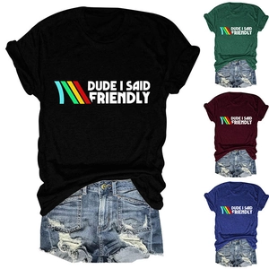 Detail view of cotton t-shirt with Dude I Said Friendly slogan and colorful stripes
