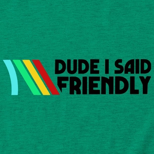 Detail of green cotton t-shirt with DUDE I SAID FRIENDLY text and retro stripes