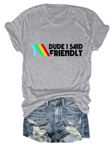 Detail view of cotton t-shirt with Dude I Said Friendly print and denim shorts set
