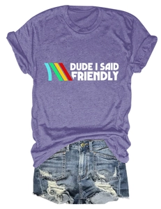Detail view of heathered purple tee with striped print and distressed denim shorts