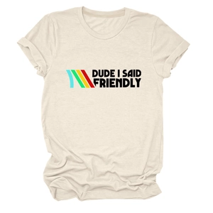 Detail of retro graphic print on oatmeal round neck t-shirt with colorful stripes