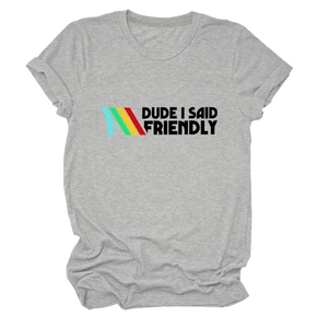 Detail of grey crewneck T-shirt showing DUDE I SAID FRIENDLY text and colorful stripes