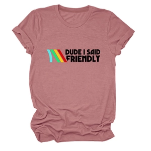 Detail of mauve cotton t-shirt with DUDE I SAID FRIENDLY text and colorful stripes