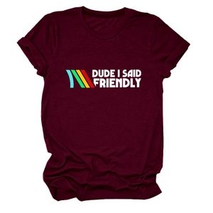 Close-up of Dude I Said Friendly slogan and colorful stripes on burgundy cotton t-shirt
