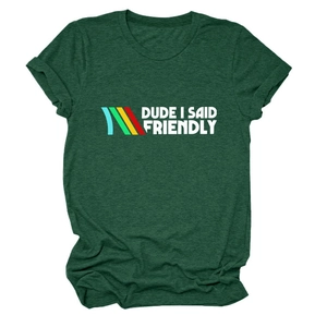 Detail view of cotton texture and printed graphic on dark green graphic t-shirt