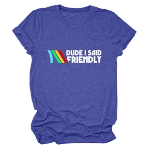 Heather blue t-shirt with Dude I Said Friendly graphic and colorful diagonal stripes