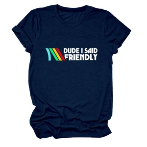 Detail of navy cotton T-shirt with Dude I Said Friendly slogan and colorful stripes