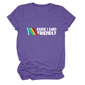 Detail of purple cotton blend T-shirt with Dude I Said Friendly print and color stripes