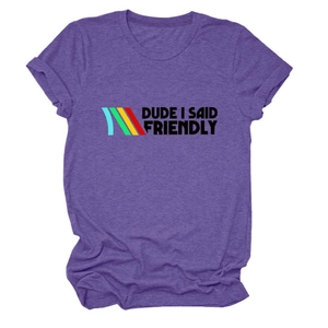 Detailed view of purple crew neck t-shirt with Dude I Said Friendly graphic and stripes