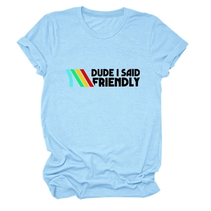 Light blue crew neck t-shirt with Dude I Said Friendly graphic and colorful stripes
