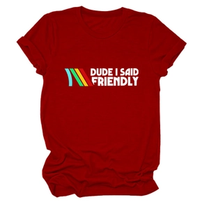 Detail of burgundy cotton crewneck tee with DUDE I SAID FRIENDLY slogan and stripes