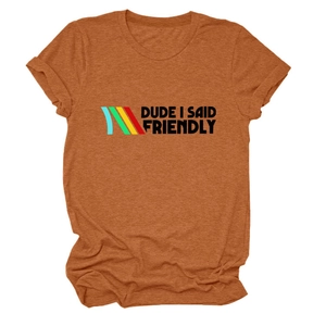 Detail view of burnt orange t-shirt with Dude I Said Friendly print and color stripes