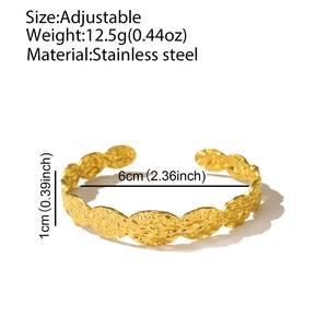 Detailed view of adjustable 18k gold plated hammered texture cuff bracelet showing 1cm width