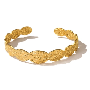 Hammered gold open cuff bracelet with vintage textured metal links for women