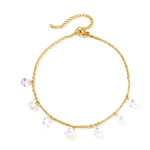 Gold stainless steel anklet featuring seven pear-cut colorful zircon charms and lobster clasp