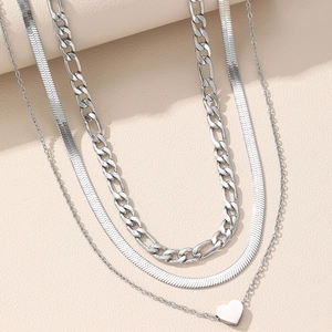 Three-layer silver heart pendant necklace with snake bone and Figaro chain set