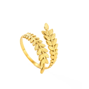 Elegant gold stainless steel open ring with detailed wheat ear leaf pattern for women