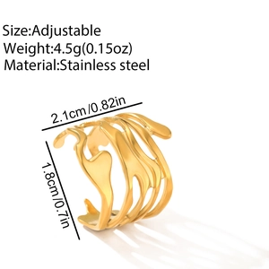 Detail view of gold stainless steel irregular hollow ring with size and weight specs
