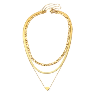 Three-layer gold necklace set featuring Figaro chain, snake chain, and heart pendant necklace
